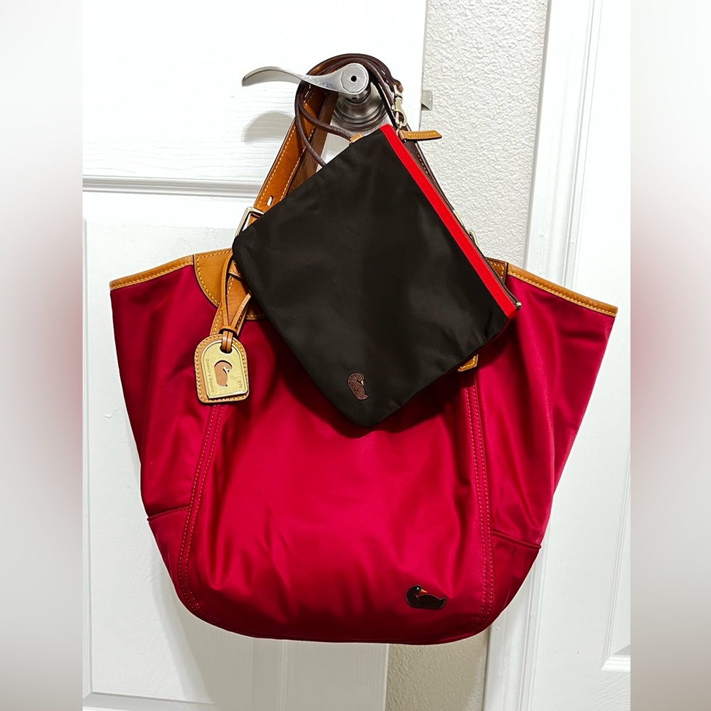 Dooney & Bourke Red Nylon with Leather Trim Handbag with matching Pouch